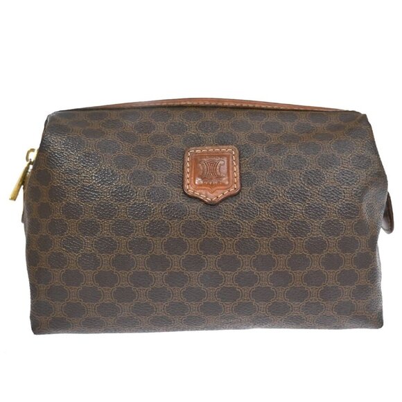 CELINE Logo Macadam Pattern Clutch Hand Bag PVC Leather Brown Italy - Picture 1 of 13